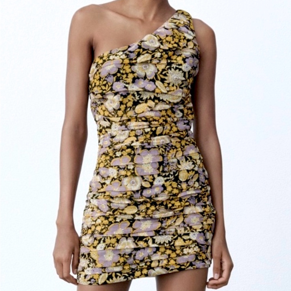 Zara One-Shoulder Ruched Mini Dress Size Small- Black Gold Lavender W/ Metallic